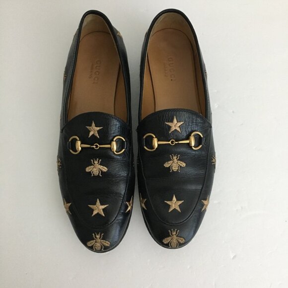 Gucci Authentic Womens 38 1/2 Jodaan Horsebit Leather Loafer Bee Star Black/Gold - Picture 1 of 15